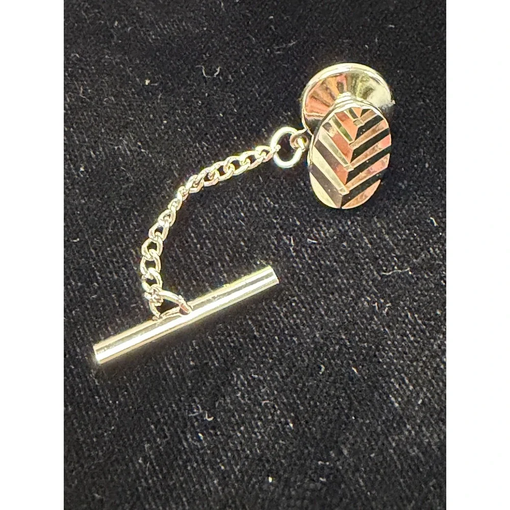 Vintage Silver Tone Chevron Etched Oval Tie Tack with Security Chain T-Bar